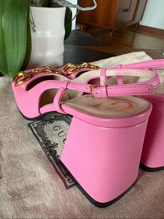 Gucci Pink Leather Horsebit Slingback Heels - Picture 9 of 11